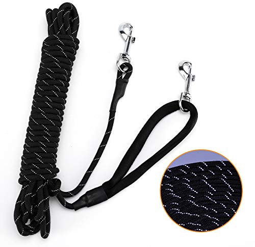 PETTOM Reflektierend Schleppleine für Hunde, 3m/5m/10m/15m/20m Seil Hundeleine Trainingsleine mit Handschlaufe & 2 Karabinerhaken, Langes Ausbildungsleine für kleine, mittelgroße Hunde (Schwarz, 15m)