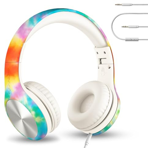 LilGadgets Connect+ Pro Schulkopfhörer für Mädchen sind EIN faltbares Over-Ear-Headset mit einem Inline-Mikrofon und einem Batik-Regenbogen-Farbschema für den Komfort von Kindern.