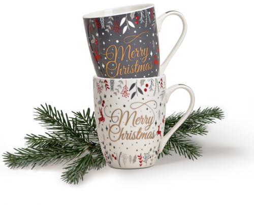Matches21 Lot de 2 tasses à café Noël Merry Christmas Cerf & décor gris blanc porcelaine 10 cm 340 ml