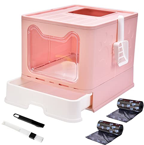 Panghuhu88 Caja de Arena Plegable para Gatos con Tapa, Gran Entrada Superior, Incluye Pala de Arena para Gatos (Rosa, 20 Pulgadas de Largo x 16 Pulgadas de Ancho x 15 Pulgadas de Alto)