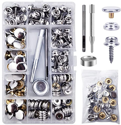60 Set Druckknöpfe zum Schrauben, 15mm Edelstahl Druckknopf Schraubbar mit Fixierwerkzeug Kit für Planen, Schiffe, Möbel, Segeltuch, Autozelte (Silber, 15mm)