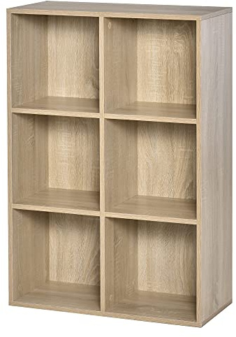 HOMCOM Librería de 3 Niveles, Estantería para Libros con 6 Cubos de Almacenaje, para Sala de Estar, Dormitorio, Estudio, Oficina, 65,5x30x97,5 cm, Roble