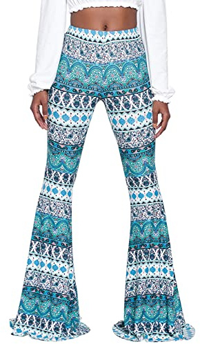 Nuofengkudu Femme Long Legging Pantalon Evase Taille Haute Hippie Fleurie Imprime Pants Disco Danse Fête
