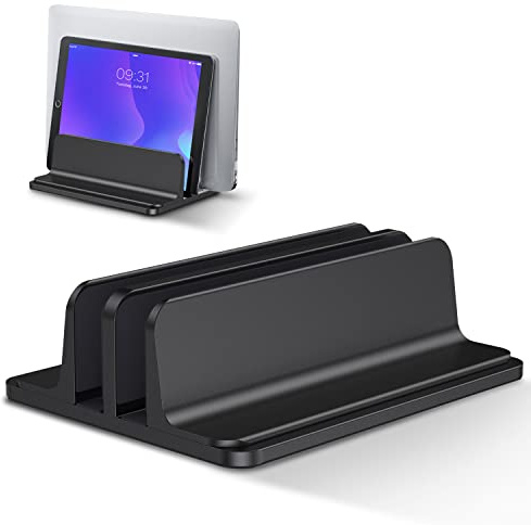 Bewahly Soporte Portátil Vertical Dual, Vertical Soporte para Ordenador Portatil de Aluminio con Base Ajustable para Macbook Pro Air, HP, DELL, Surface, Lenovo y Otros Portatiles, Laptop Stand (Negro)