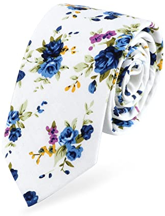 HOULIFE Floral Krawatten für Männer - Skinny Herren Krawatte, Herren Baumwolle Krawatte, Slim Herren Krawatte für Hochzeit Party Casual Daily Use, Weiße und blaue Blume, /