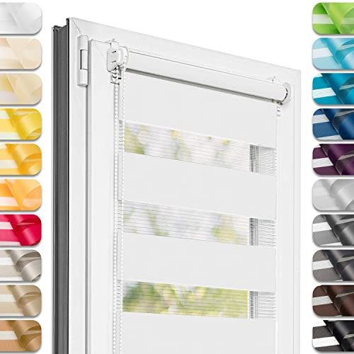Estika Doppelrollo Klemmfix ohne Bohren - 75 cm x 220 cm - Weiß - 27 Stoff Farben, Tag und Nacht Duo Rollo, Rollos für Fenster ohne Bohren, Fenster sichtschutz (75 cm Stoffbreite)