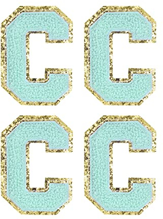 sourcing map 4 Stück Buchstaben zum Aufbügeln, Selbstklebende Chenille Buchstaben C mit Gold Rand, Gestickter Patch zum Aufbügeln für Kleidung, Tasche, Stoffe, Handyhülle(Blau)