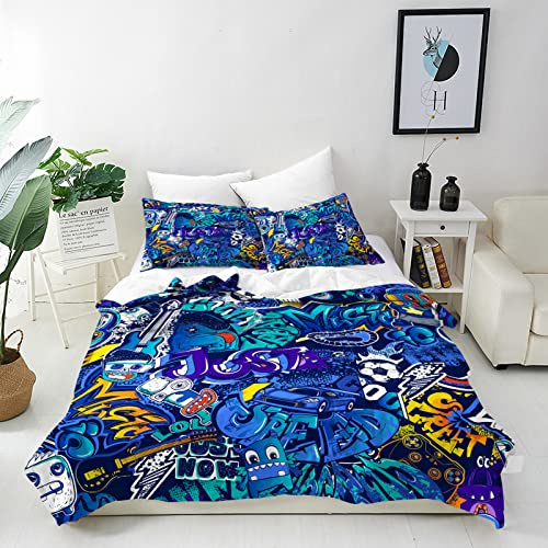 ANHOPE Graffiti Duvet Cover Set Soft Lightweight 3Pcs Bedding Set with 2 Pillowcase Hip Hop Football Car Gamepad Doodle Print Pattern Kids Boys Girls Teens Quilt Cover with Zipper Closure Single Size