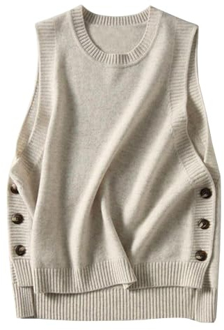 HangNiFang Women's Round Neck Sleeveless Pullover Ribbed Knit Sweater Vest Top (0199-Beige-XL)