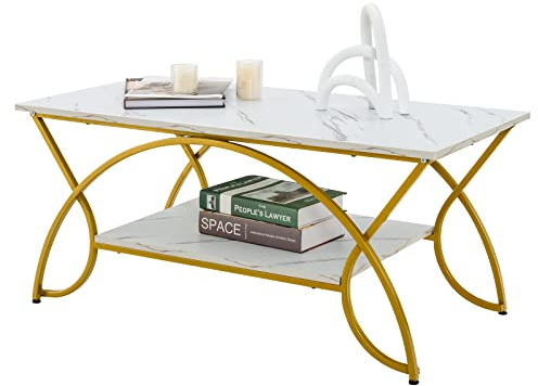 GIANTEX Couchtisch in Marmoroptik mit goldfarbenem Metallgestell | Wohnzimmertisch modern, Kaffeetisch Teetisch 2 Ablagen, Sofatisch 100x50x45 cm, Akzenttisch Beistelltisch