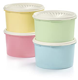 Tupperware Heritage Collection 8-teiliges Vorratsdosen-Set in Vintage-Farben, spülmaschinenfest und BPA-frei (4 Behälter, 4 Deckel) | Verschachtelte Kunststoffboxen mit sicheren Deckeln, BPA-freie Materialien und spülmaschinenfest für Küche bzw