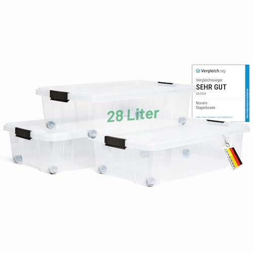 Novaliv 3x Unterbettkommode mit Rollen 28L Aufbewahrungsbox Deckel transparente Nestbar stapelbare mit Clipverschluss Rollkiste BPA-frei 61x40x17 cm