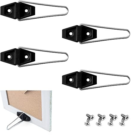 UESDU Supporto per cornici per foto, 4 pezzi, supporto per cornice in metallo, supporto posteriore da tavolo, staffa verticale nera con viti, accessori per display per cornici per foto