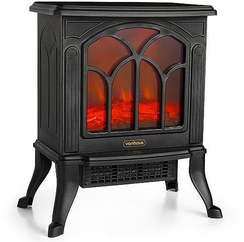 VonHaus Electric Stove Heater 1500W – Electric Fireplace – Indoor Log/Wood Burner Effect, Freestanding Fire, Portable, LED Flame, 2 Heat Settings, Adjustable Thermostat, Black – H45 x W41 x D24cm