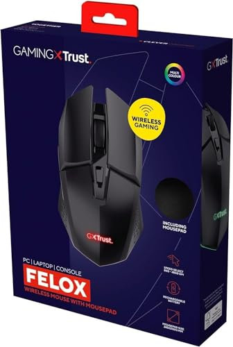 Trust Gaming GXT 112 Felox Mouse Gaming Wireless Ricaricabile con Tappetino 24.5 x 21 cm, 80 Ore di Autonomia, 800-4800 DPI, 6 Pulsanti, Mouse Senza Fili RGB per Computer, Laptop, Windows - Nero