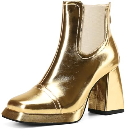 Carkuolary Womens Mode Side Zipper or Chaussons Chunky Heel Bottines Disco Costume Hiver Chaussures pour femme Filles Dames Taille 40