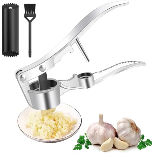 RAFIYU Knoblauchpresse Wippe Edelstahl Garlic Press mit Knoblauchschäler und Reinigungsbürste, Knoblauch Zerkleinerer Knoblauchwippe Kitchen Knoblauchreibe