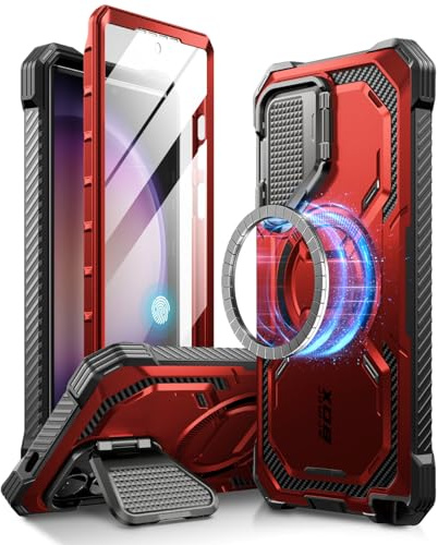 i-Blason Armorbox for Samsung Galaxy S24 Ultra Case MagSafe with Camera Cover Stand [Support Wireless Charger] 360 Full-Body Case with Screen Protector & Kickstand Phone Case for S24 Ultra, Red