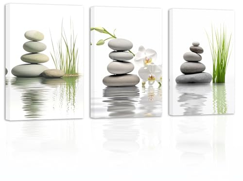 ZXHYWYM Bathroom Wall Art 3 Pieces Zen Stones White Orchid on Water Canvas Prints Spiritual Relaxing Picture for Office Yoga Spa Meditation Room Framed(3, (12.00 x 16.00 x 3PCS))