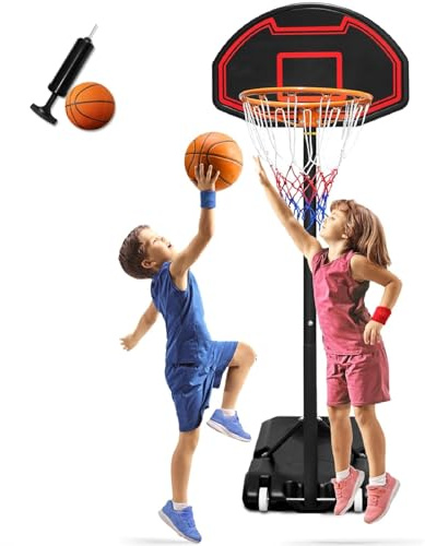 UISEBRT Canestro da basket per esterni incluso palla da basket + pompa per bambini - Supporto per canestro da basket 61-82 pollici regolabile in altezza - Impianto da basket mobile con ruote - Mini
