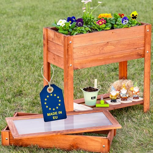 ITA Fioriera rialzata con Serra 80x37x78 cm - Fioriera con Coperchio, ripiano, Rivestimento Interno - Made in EU - Direttamente dal Produttore - in Legno FSC - Marrone