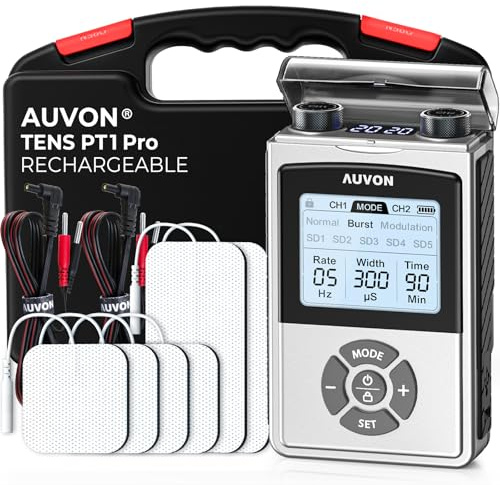 AUVON Rechargeable Digital TENS Unit Muscle Stimulator with 600 mAh Battery, TENS Machine with 8 Customizable Modes, Electric Massager for Shoulder, Back Pain Relief, 6 TENS Pads, A Carry Case