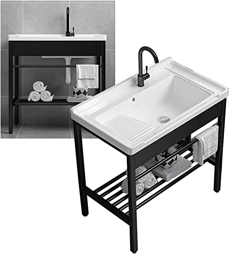 Lavello indipendente, lavelli da cucina a casa lavello per lavanderia autoportante, lavabo di lavaggio in ceramica con set di lavagna, lavandino di vanità con deposito nero lei