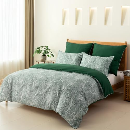 Tokokimo Juego de edredón con estampado de hojas y plantas, microfibra suave, funda de edredón individual, 135 x 220 cm, con almohada, para cama de niños (verde, tropical)