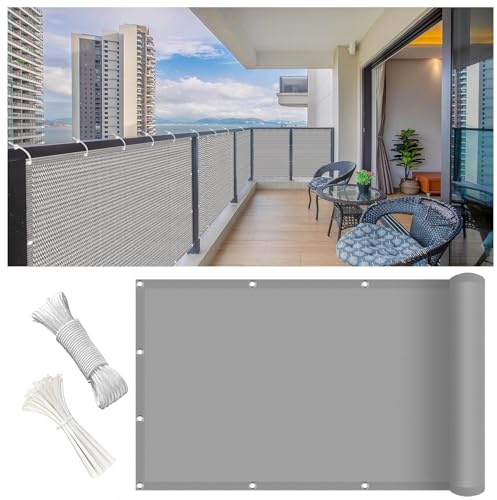 Couverture de Écran Jardin 100 x 250 cm Latéral Balcon Brise-Vue, Diverses Couleurs Tailles Au Choix Habillage Balcon Protection Solair avec Attaches et Cordons pour Porches, Gris