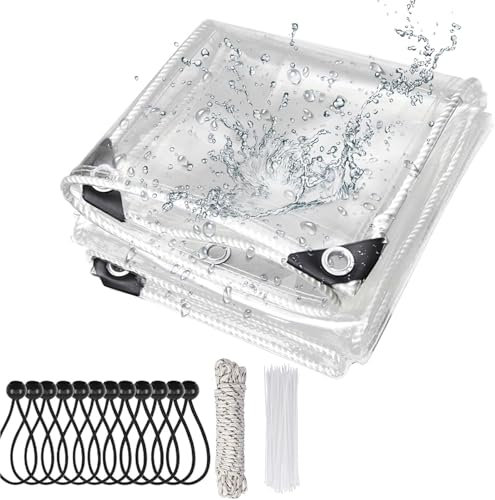 TOPCHANCE 2Mx3M Tarpaulin Waterproof Heavy Duty,Thick 420g/m² PVC Transparent Tarpaulin with Eyelets and Rope Plastic Cover,UV Protection PE Plastic Clear Tarp for Garden,Gazebo,Camping,Furniture