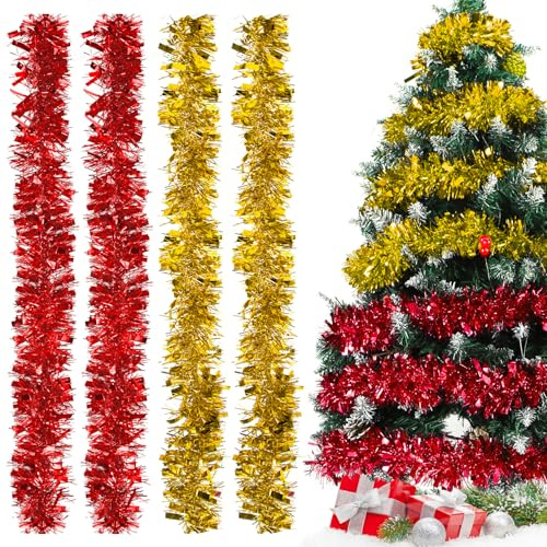 Weihnachtsgirlanden Rot Gold, 2m Lametta Girlande, 4pcs Lametta Weihnachtsbaum, Gold Rot Lametta Girlande Weihnachten, Weihnachtsdeko Lametta für Christbaumschmuck, Geburtstagsparty Deko