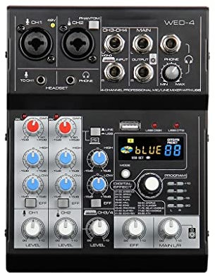 CVNIMV Mini Mezclador de Audio de 4 Canales con alimentación Fantasma, Tarjeta de Sonido USB, Consola de Mezcla para transmisión en Vivo, Interfaz de Audio, Mesa de Mezcla DSP