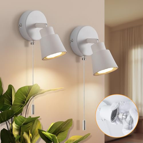 TaFiCo 2 Pack White Wall Lights with Pull Cord Switch GU10 - Modern Pull Cord Light Switch 350° Rotatable - 50W Indoor Wall Sconce Lights for Bedroom Bedside Living Room Kitchen - Bulb Not Included
