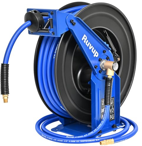 Ruvup Retractable Air Hose Reel, 3/8 x 75ft Air Compressor Hose Reel Auto Rewind Hybrid Hose Max 300PSI with 6.5ft Lead Hose Heavy Duty Steel Double Arm with 12-Position Ratchet Lock