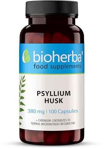 Psyllium husk cáscara en cápsulas - 380 mg, 200 unidades - Pura polvo de psyllium husk y cromo para máxima eficacia y salud de BIOHERBA