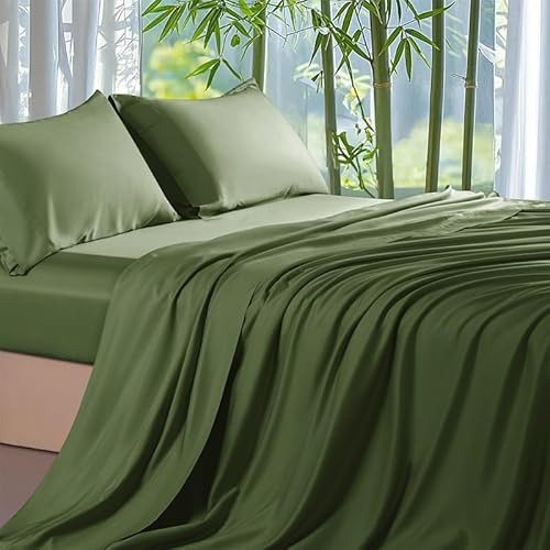 Gezu Bambus Lyocell Spannbettlaken 140x200cm Grün Olivgrün aus aktmungsaktivem Material Temperaturregulierend Glänzend Bambusfaser Seide Bettlaken Spannbetttuch 140x200 für Hohe Matratze bis 15-30cm