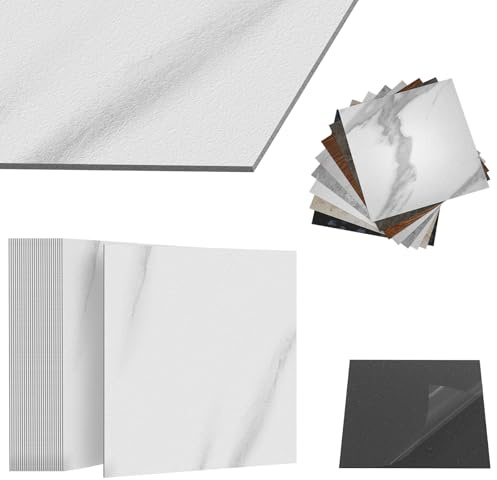 ACXIN PVC Bodenbelag Vinylboden Selbstklebend mit Fliesen-Optik, Klebefliesen Boden Wasserfest für Küche Bad Wohnzimmer (Weiß-Marmoroptik, 5 m² Paket: 54 Fliesen)