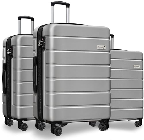 KEYTANG 3-Piece Hardshell Luggage Set, Lightweight Expandable Suitcase with TSA Lock and Double Spinner Wheels, 20% Expansion for Extra Packing, Carry-On and Checked Bags, Silver