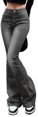 Minetom Schlaghose Damen Jeans Bootcut Jeanshose Stretch Denim Hose mit Taschen Retro Flared Pants Streetwear A Grau XS