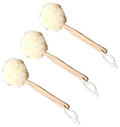 Beavorty 3pcs Long Handle Bath Balls Shower Scrubber Puff Set Light Yellow Bathroom Accessories for Back Exfoliating and Deep Cleaning