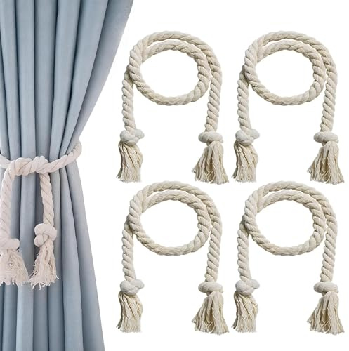 4 Pezzi Fermatende per Tende, Fermatenda in Cotone Intrecciato a mano, Ferma Tende Clip per la Decorazione Della Casa, Della Camera da Letto e Dell'ufficio, Beige 80cm
