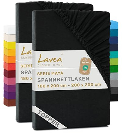 Lavea® 2er Pack Topper Spannbettlaken 180/200x200cm – Schwarz | 100% Baumwolle Jersey – Für Topper bis 12 cm Höhe – Weich, Formstabil und Langlebig