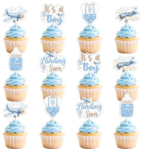 Kreatwow Vintage Airplane Baby Shower Decorations 36pcs Landing Soon Baby Shower Cupcake Toppers Airplane Cake Decors Little Explorer Adventure Awaits Party Aircraft Aviator Party Decor for Pregnancy