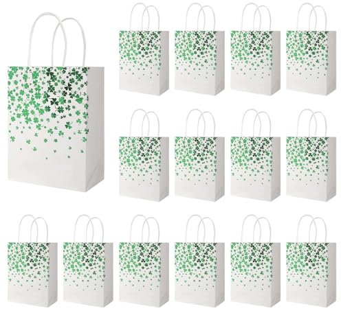 Krafttaschen mit Griffen 15 Stück Silvester Geschenktüten Kleeblatt Geschenktaschen Papiertüten Geschenktüte für Partys,Hochzeiten,Geburtstag,Weihnachten 21x15x8 cm