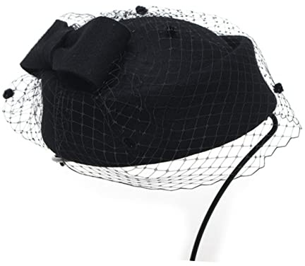 BESPORTBLE Eleganter Damen Wollfilz Pillbox Fascinator mit Schleife und Schleier Einheitsgröße Winterhut für Hochzeit Party Cosplay Stilvoller Schwarz Wollener Damenhut