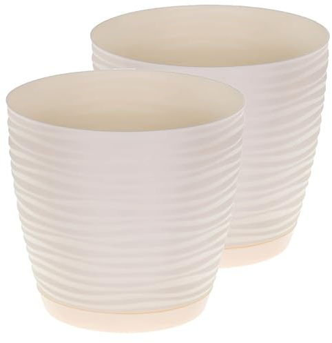Home Garden Ornaments Plant Pots Indoor – Set of 2 Plastic Flower Pots with Saucer and Drainage Holes, Decorative 3D Wave Design (Cream, 15cm / 5.9 inch)