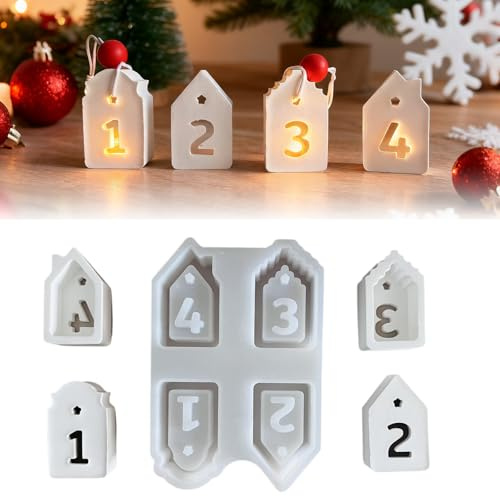 Silikonform Weihnachten, Silikonform Haus mit Zahlen 1-4 Adventskalender, Silikonformen Gießformen Weihnachten Giessformen Silikon Gießformen Gips Gießen Formen Gipsformen zum Gießen