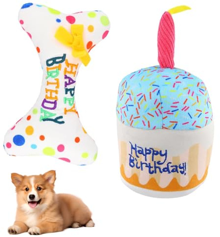 JcvPot Hund Geburtstag Spielzeug, 2er-Set Geburtstagsgeschenk für Hunde, Hundekuchen und Plüschknochen, Weiches Quietschspielzeug für Kleine und Mittlere Hunde, Indoor und Outdoor Spielzeug