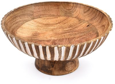 EDHAS Tazón de madera de mango hecho a mano para ensalada, cuenco interior quemado y acabado exterior de lavado blanco, cuenco grande de madera para servir ensaladas, frutas (10 x 10 x 4.75)