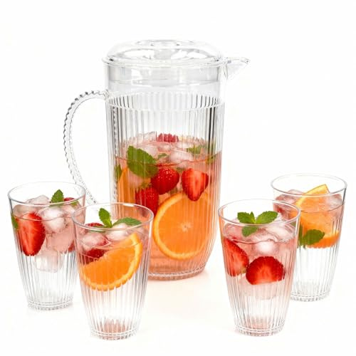 Taylor & Brown 2L Clear Plastic Pitcher with Lid, Water Juice Jug for Fridge, BPA-Free with 4 Cups Set for Iced Tea, Lemonade, Cocktails, Cold Beverage Carafe - Flute Design
